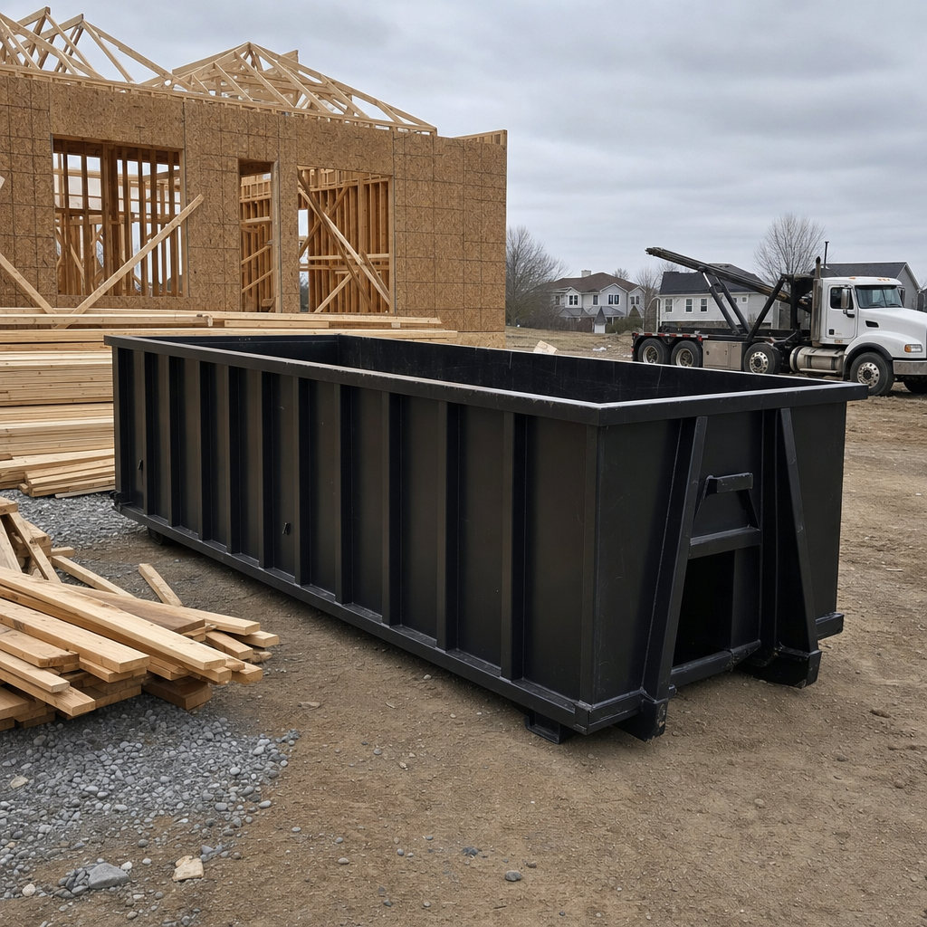 Matte-black 40-yard roll-off dumpster staged on a framed-out residential construction site in Terre Haute, framing lumber stacked nearby, hooklift delivery truck visible in the background under bright Colorado daylight