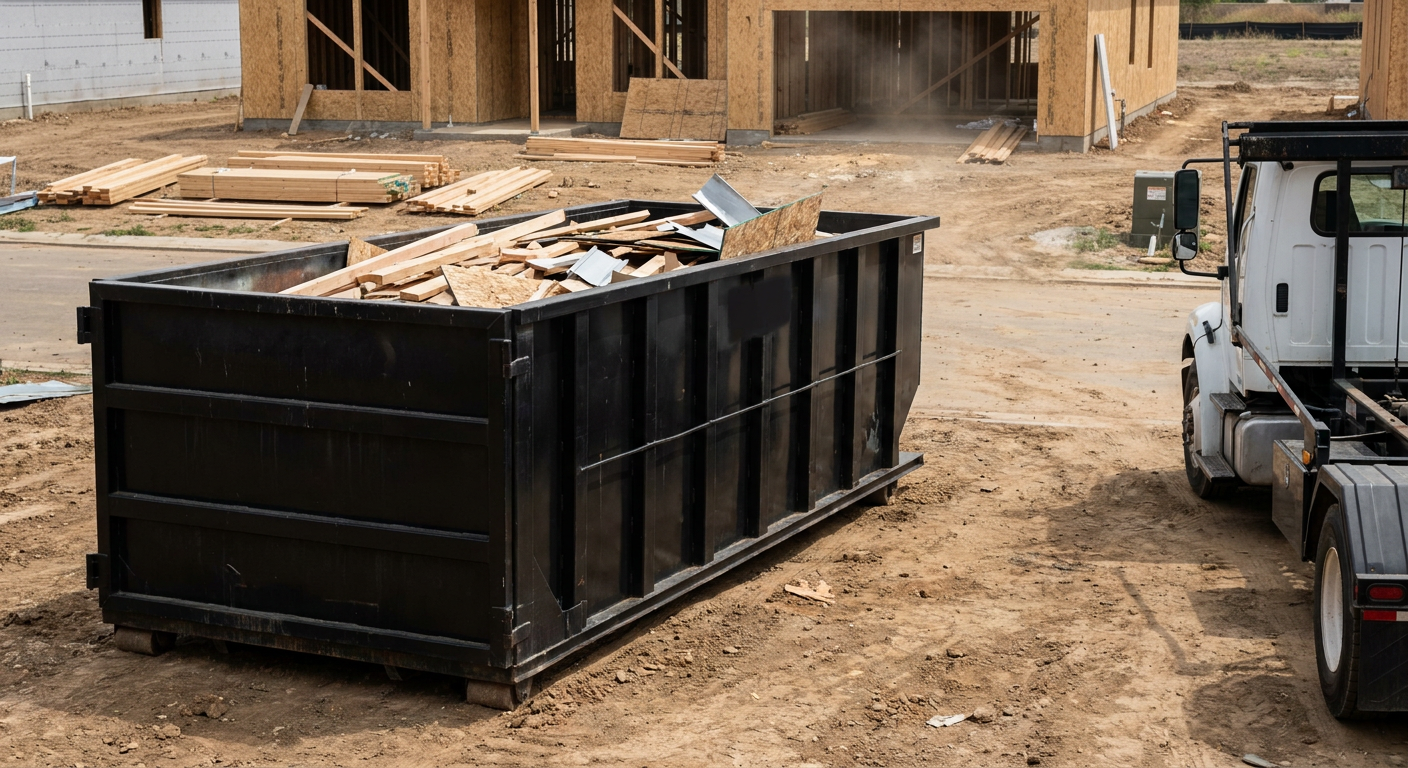 Matte-black 20-yard roll-off construction dumpster with heavy ribbed steel sidewalls and swing rear doors at a working jobsite in Terre Haute, sitting directly on compacted dirt with an unmarked white hauler partially visible at the far edge of the frame.