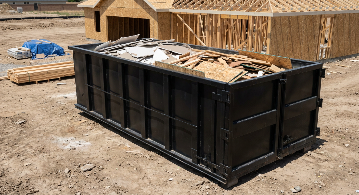 Matte-black 30-yard roll-off construction dumpster sitting directly on the compacted-dirt site of a framed single-family home build in Terre Haute, drywall and lumber scrap loaded inside.