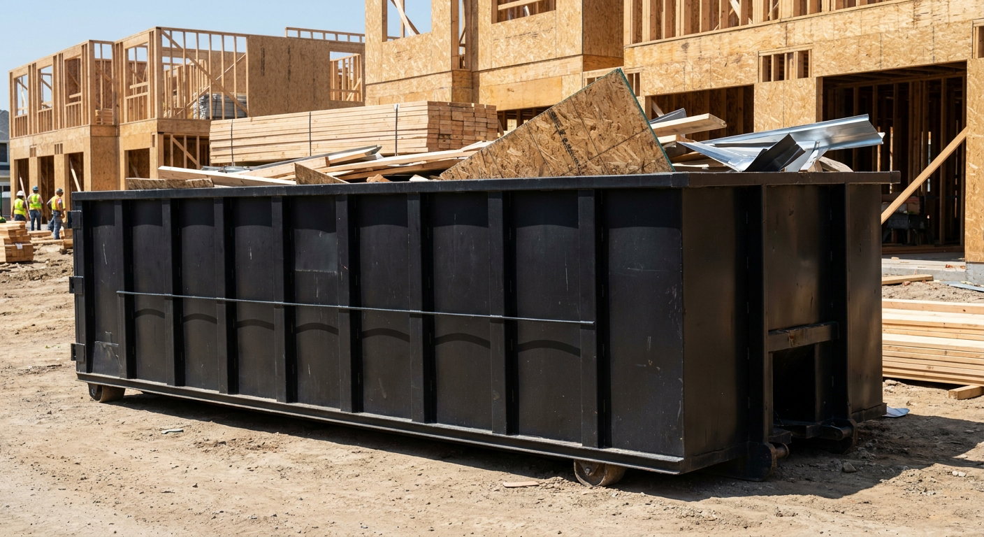 Matte-black 40-yard roll-off construction dumpster being lowered from a white-cab hooklift delivery truck onto the compacted-dirt jobsite at a commercial build site in Terre Haute