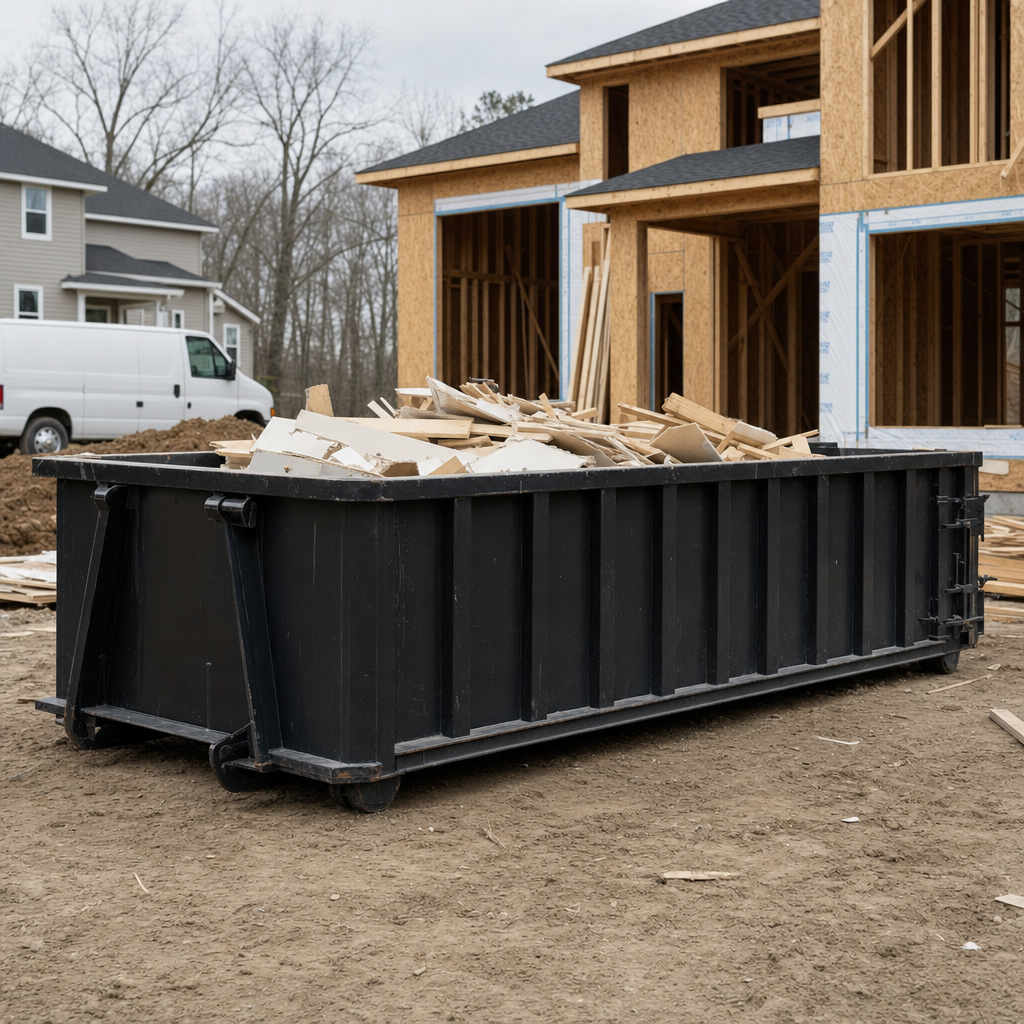 Worker in a yellow high-visibility vest tossing framing lumber and broken drywall into a matte-black 30-yard construction roll-off dumpster on an active build site in Terre Haute, bright daylight