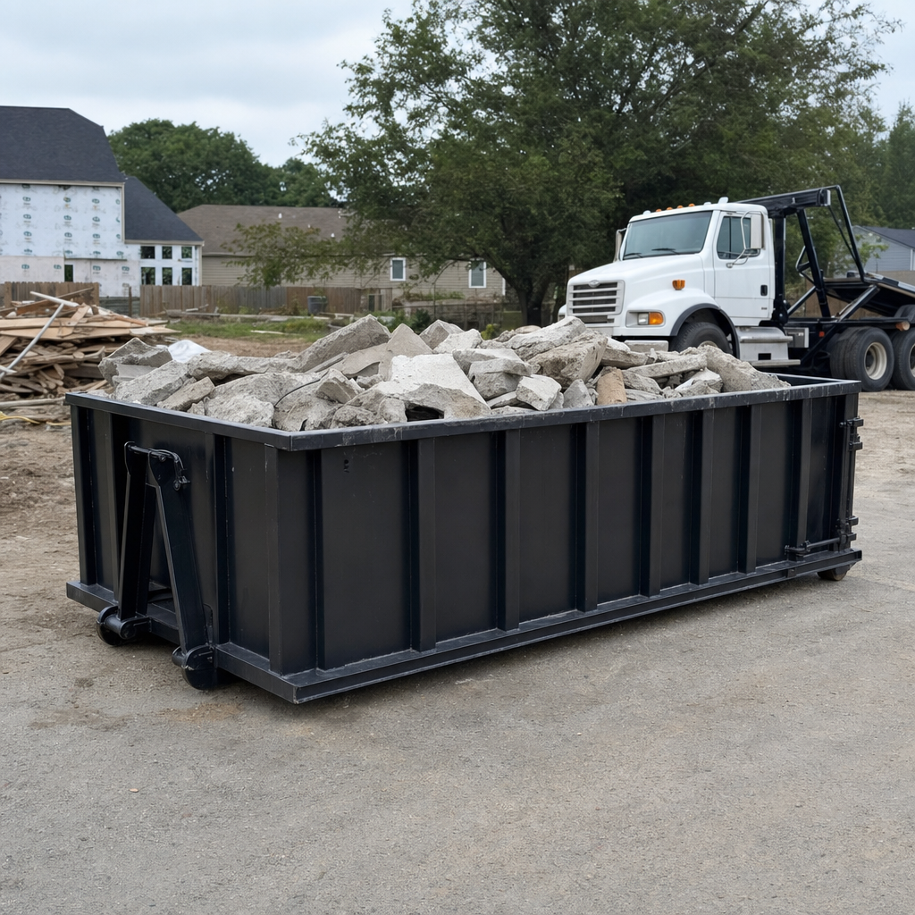 Low-profile matte-black lowboy roll-off dumpster loaded with broken concrete slab and rebar at a foundation tear-out in Terre Haute, skid steer parked beside it, sunny Colorado morning