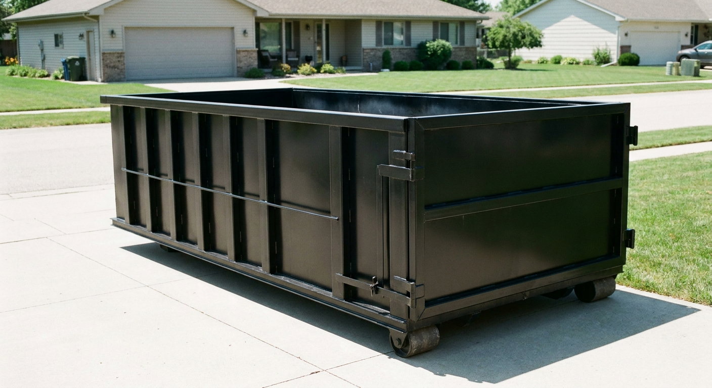 Matte-black 10-yard roll-off dumpster on a residential concrete driveway in Terre Haute, uniformly painted matte black across every panel and rail, ribbed steel sidewalls and rear swing door visible, mid-day daylight.