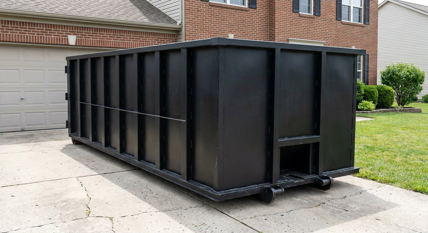 Matte-black 20-yard roll-off container on a Terre Haute residential concrete driveway with reinforced ribbed steel sidewalls and a hinged rear walk-in door, clean bright daylight.