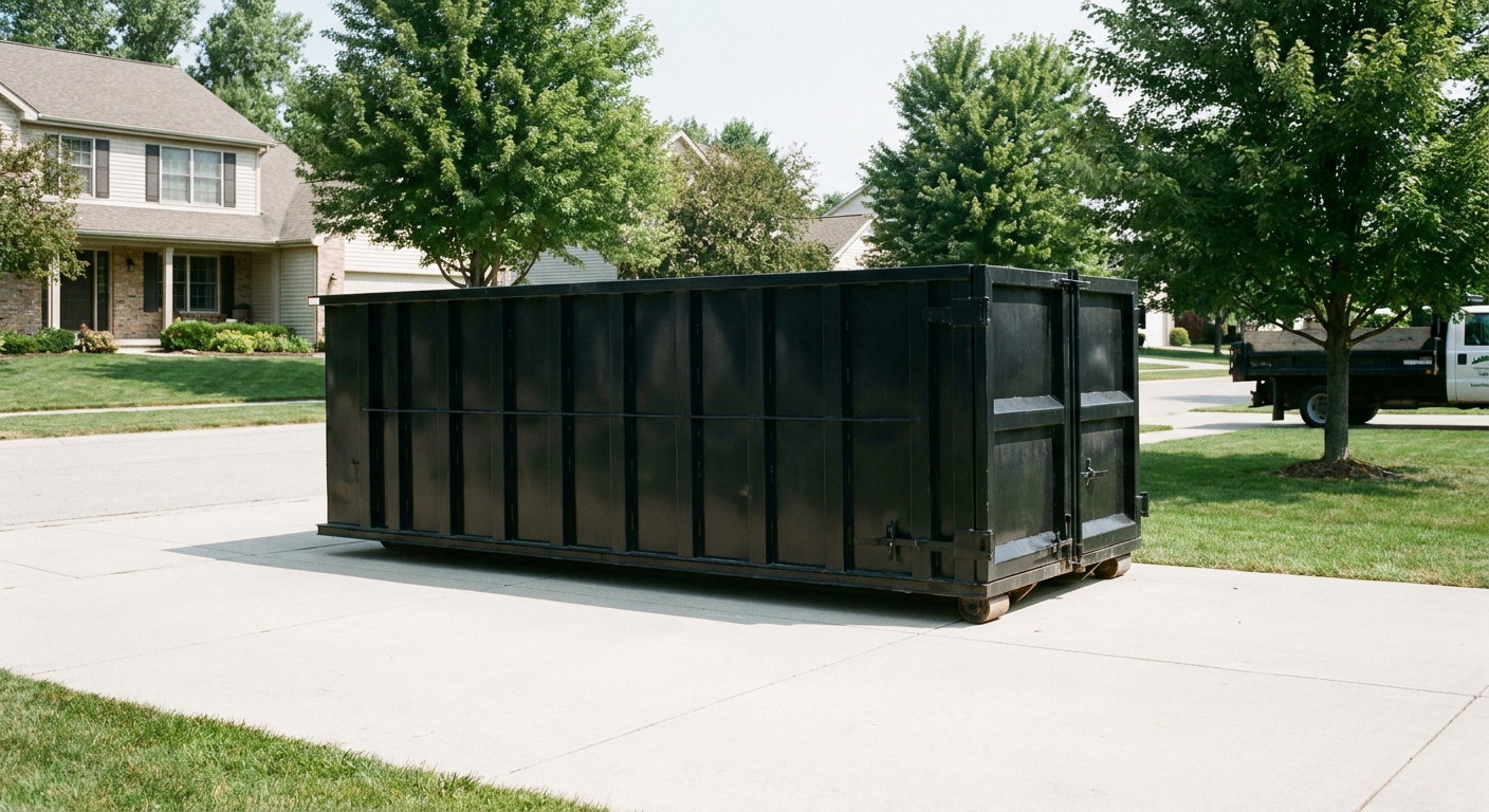 Matte-black 20-yard roll-off dumpster sitting level on a clean Terre Haute residential concrete driveway under bright daylight, demonstrating clean placement directly on the concrete.