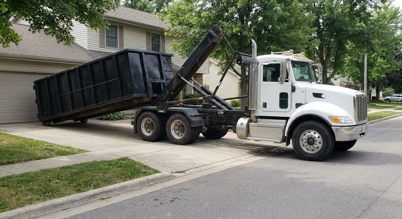 White-cab hooklift roll-off truck actively lowering a matte-black dumpster onto a Terre Haute residential concrete driveway, the dumpster's rear wheels touching the driveway as the hoist arm tilts the bed forward, mid-morning daylight.