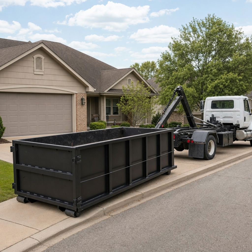 Wide documentary shot of a matte-black roll-off dumpster on a Terre Haute residential driveway in the foreground and a contractor jobsite container in the soft-focus background, bright daylight, calm and orderly composition.