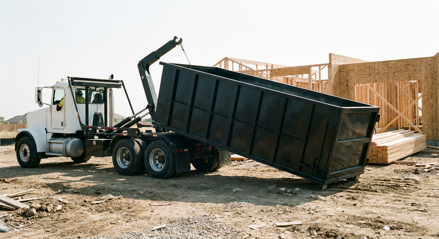 Matte-black roll-off dumpster being delivered onto a clean residential concrete driveway in Terre Haute by an unmarked white hooklift hauler truck, bright morning daylight, documentary 35mm perspective.