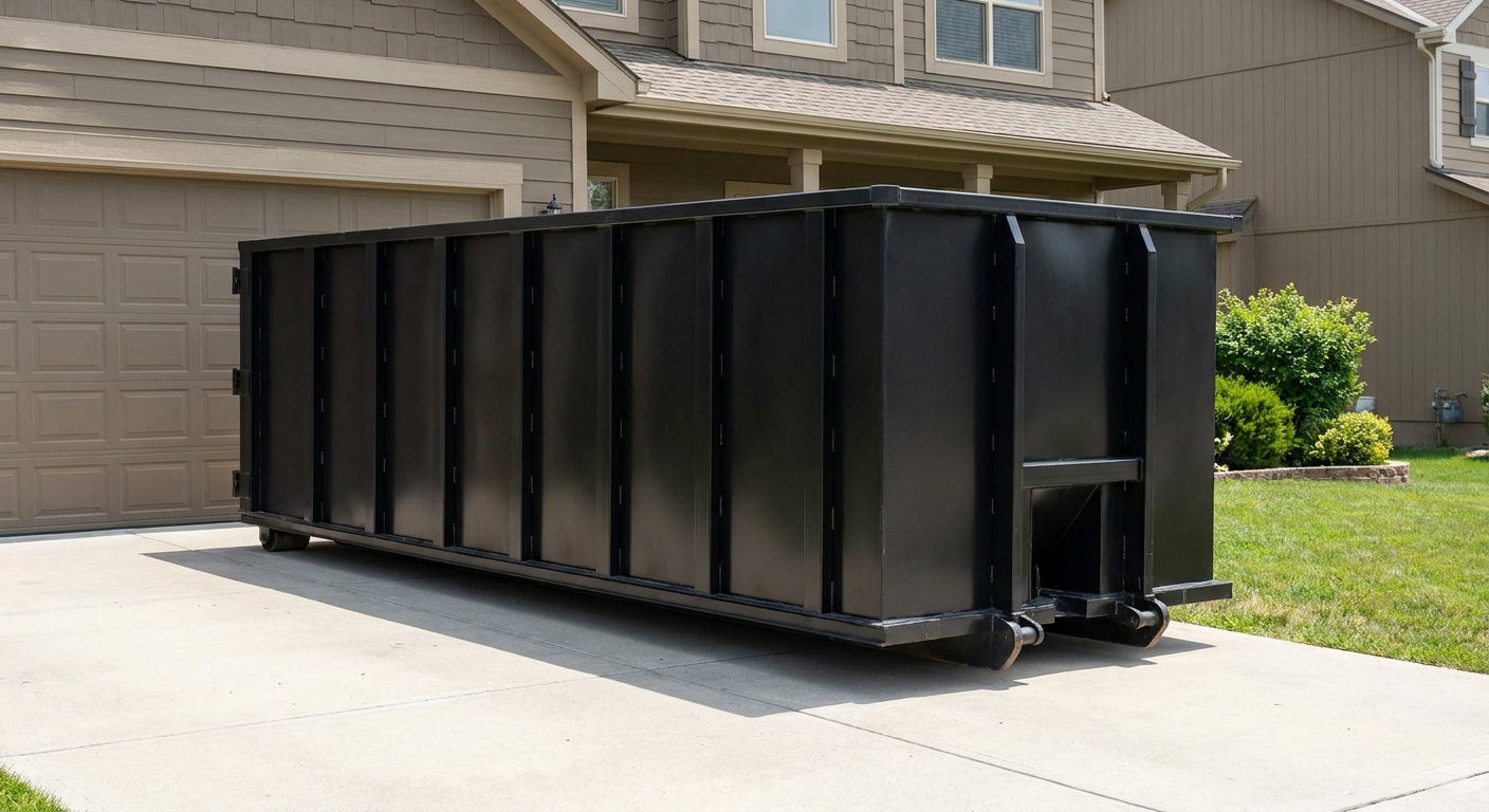Matte-black residential roll-off dumpster sitting directly on a suburban Terre Haute concrete driveway, garage door closed, single-family home in background, bright morning daylight.