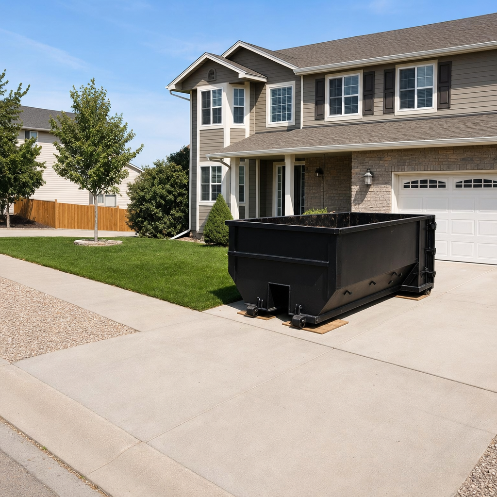10-yard matte-black residential dumpster placed directly on a narrow Terre Haute concrete driveway, room remains for a parked sedan beside it, mid-morning natural light
