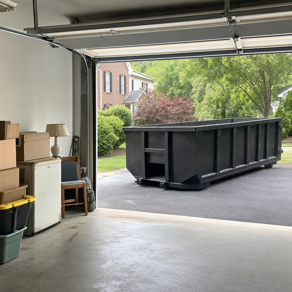 Open garage interior in a Terre Haute home mid-cleanout — boxed items, an old appliance, and stacked yard tools queued near the driveway for a matte-black roll-off dumpster, organized and calm