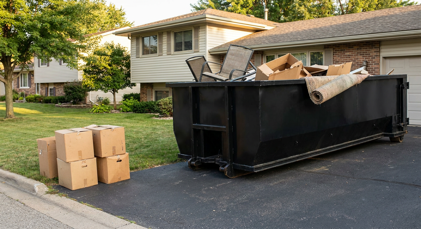 Front-yard view of a Terre Haute split-level home with a 20-yard matte-black roll-off dumpster sitting directly on the asphalt driveway, a few clearly labeled donation boxes staged at the curb, calm sunny afternoon.
