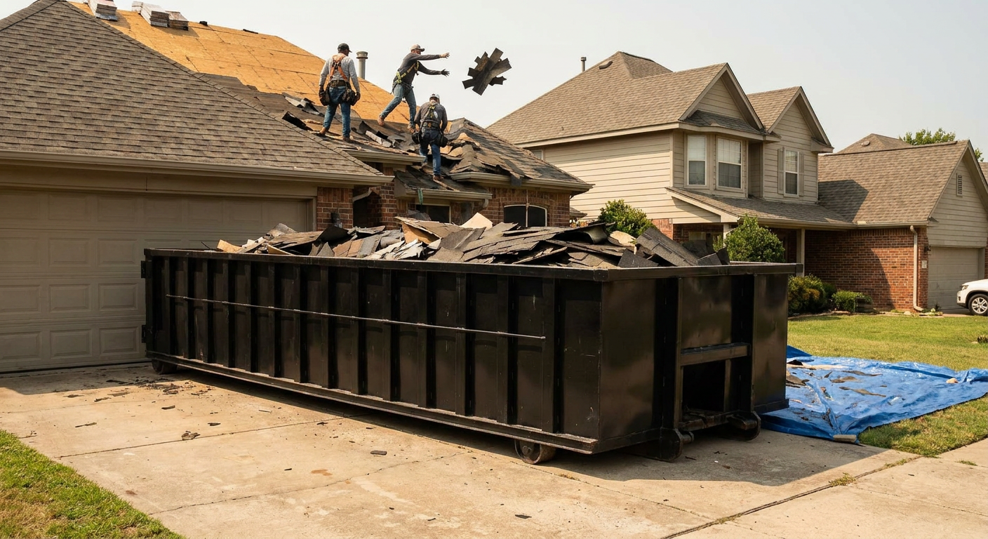 Matte-black roofing roll-off dumpster placed directly on a Terre Haute residential concrete driveway, a tear-off crew on a two-story asphalt-shingle roof tossing shingle bundles into the low-walled container, bright daylight, documentary 35mm perspective.