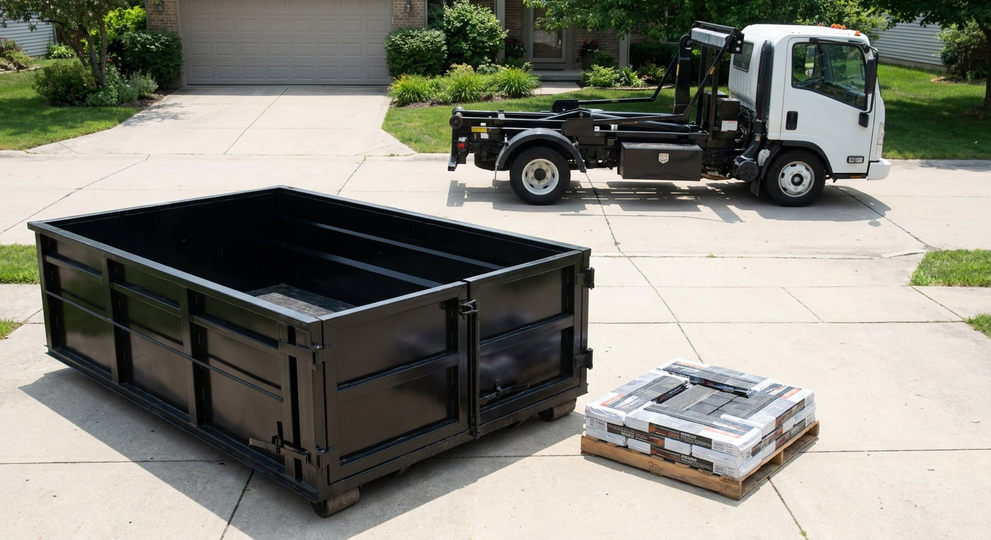 Matte-black 15-yard roofing roll-off dumpster with reinforced low side walls sitting directly on a Terre Haute residential concrete driveway, three-tab asphalt shingle bundles stacked nearby, an unmarked white hauler truck partially visible at the edge of the frame.