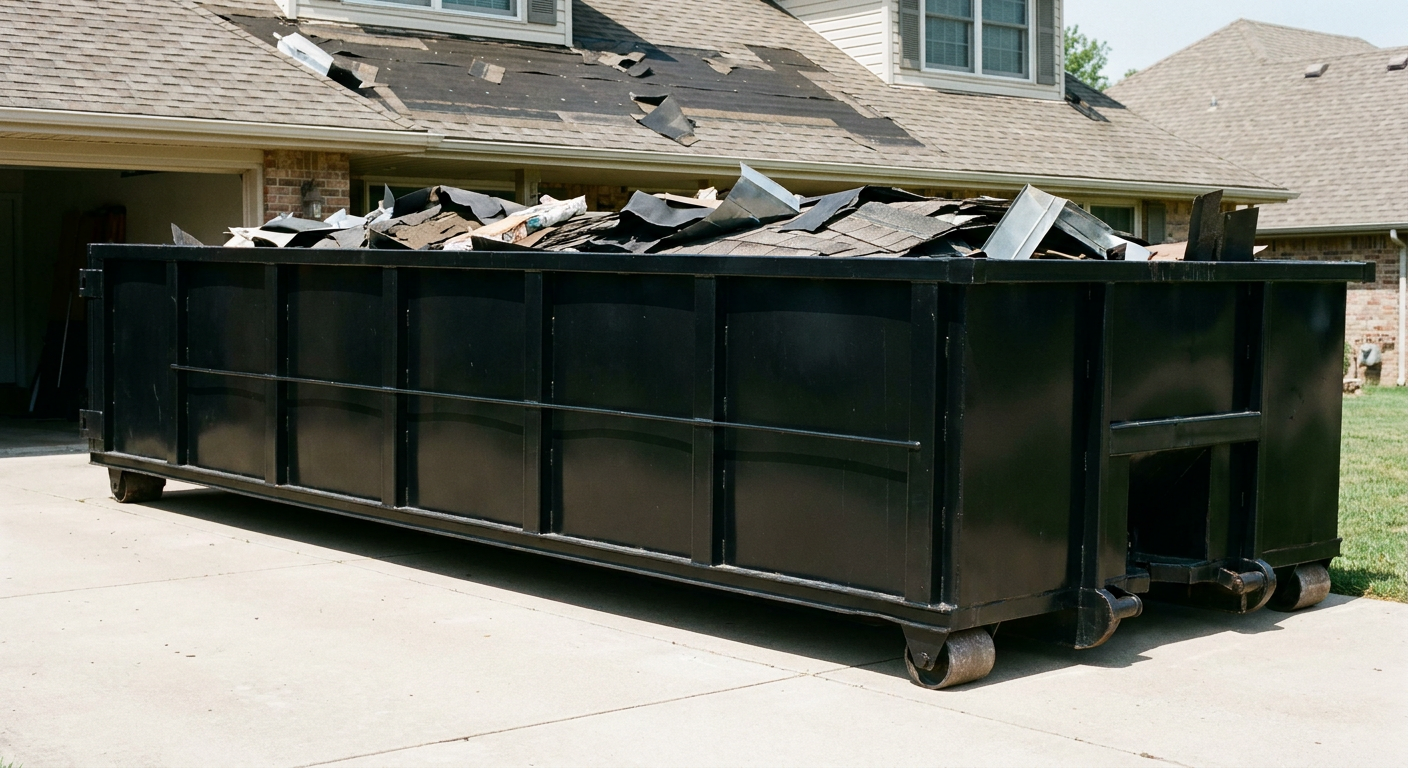 Matte-black 20-yard roofing roll-off dumpster with steel ribbed sides and swinging rear door, sitting directly on the concrete driveway of a two-story Terre Haute home, asphalt shingle debris being loaded over the low wall, clean documentary lighting.