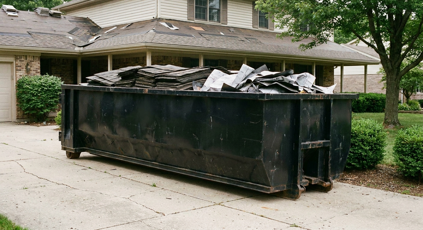 Matte-black 30-yard roofing roll-off dumpster sitting directly on a Terre Haute concrete driveway, taller ribbed steel side panels, mixed tear-off debris of asphalt shingles and underlayment inside, professional documentary daylight.