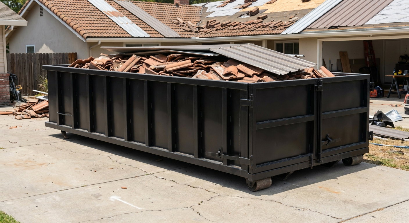 Matte-black low-wall heavy-debris roofing roll-off dumpster sitting directly on a Terre Haute concrete driveway, broken concrete clay roof tiles and metal panel sections loaded inside, reinforced ribbed steel side walls visible, bright outdoor daylight.