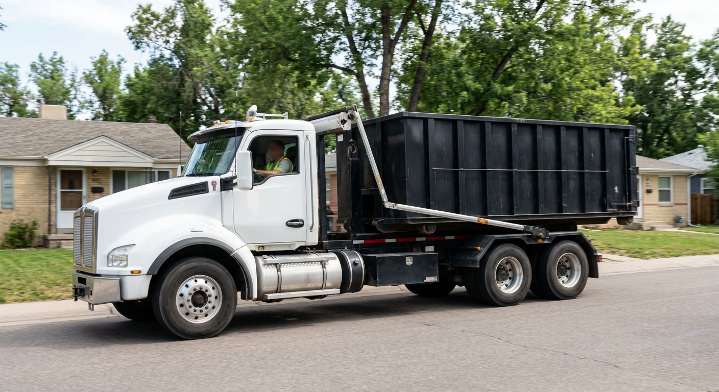 A wide documentary shot of a matte-black roll-off delivery truck pulling onto a quiet Terre Haute residential street at mid-morning, with neighborhood rooftops and tree-lined blocks visible behind, showing the metro coverage footprint.