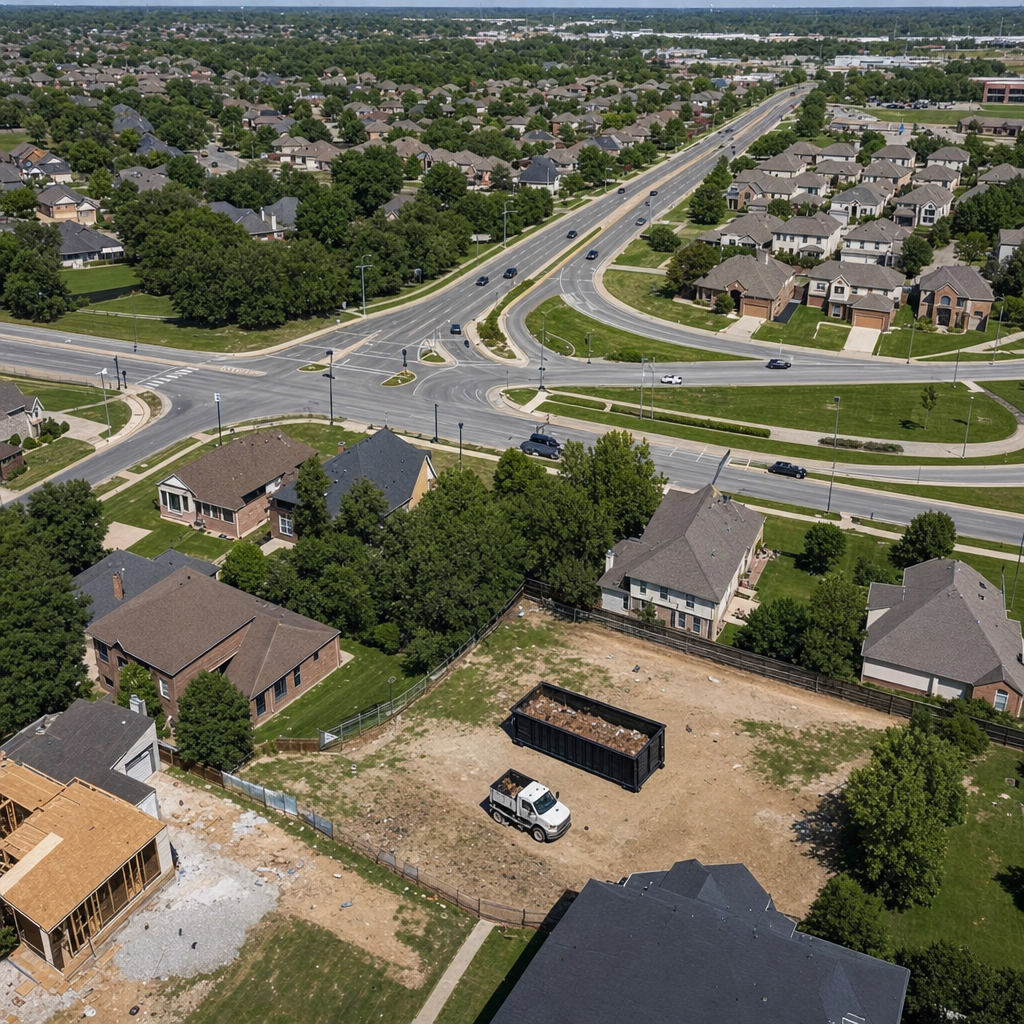 An overhead documentary view of the Terre Haute metro area at midday, showing the spread of neighborhoods, arterial roads, and the dispatch radius from a central yard — clean daylight, organized geographic layout.