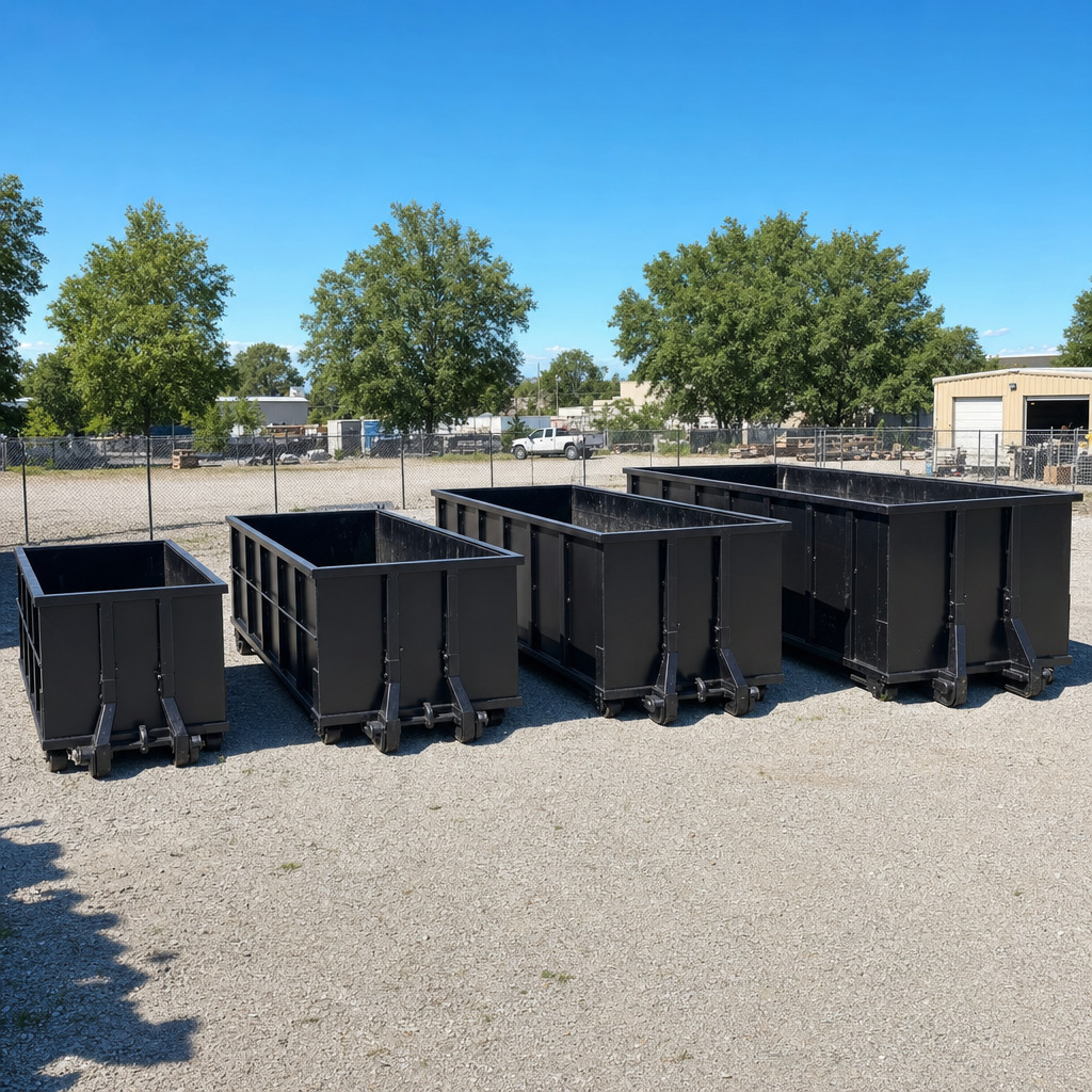 A clean lineup of matte-black roll-off dumpsters in 10, 20, 30, and 40-yard sizes staged on a sunlit gravel yard in Terre Haute, showing the size progression from compact to commercial-scale containers.