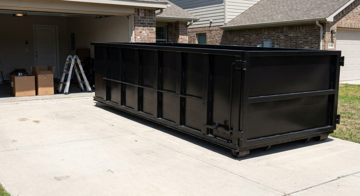 A matte-black 10-yard roll-off dumpster sitting directly on a residential Terre Haute concrete driveway, mid-day sunlight, clean and ready for a garage cleanout.