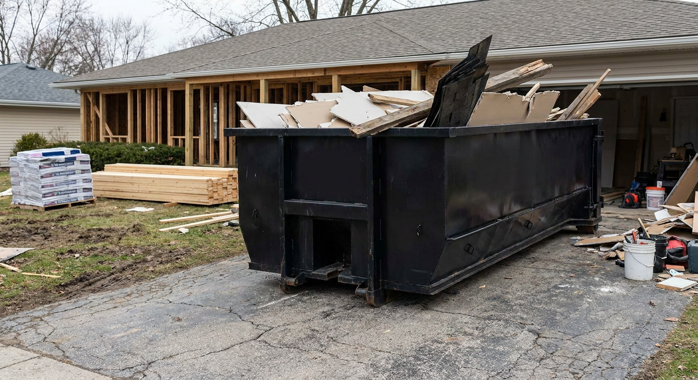 A matte-black 20-yard roll-off dumpster placed alongside a mid-renovation Terre Haute home directly on the asphalt driveway, with framing materials and torn-off shingles staged neatly nearby.