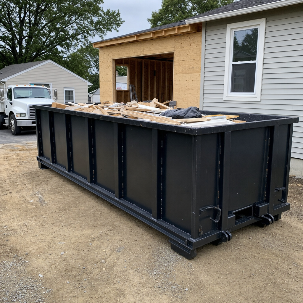 A matte-black 30-yard roll-off dumpster positioned at a Terre Haute residential addition jobsite, with framing lumber and drywall scraps loaded through the open swinging rear doors.