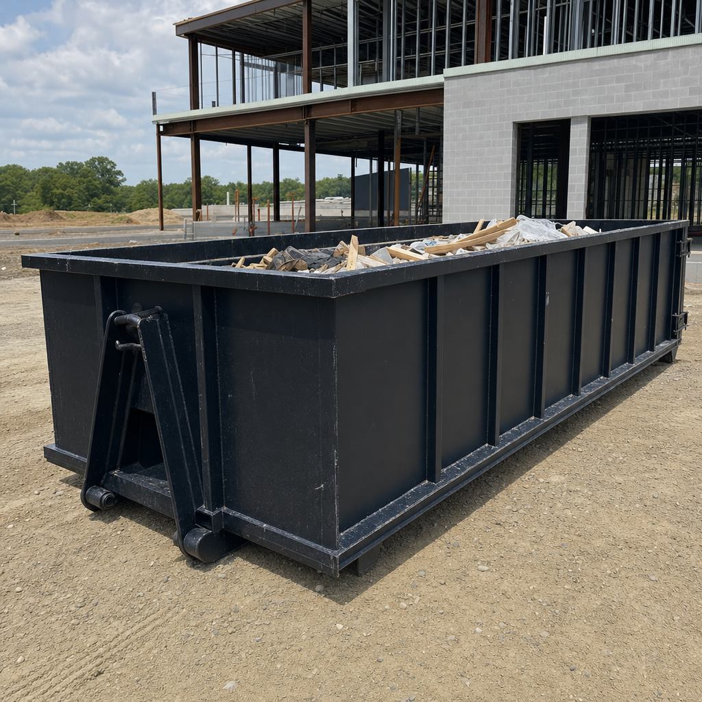 A matte-black 40-yard roll-off dumpster staged on a large Terre Haute commercial construction lot, with a hooklift delivery truck parked alongside under bright midday sky.