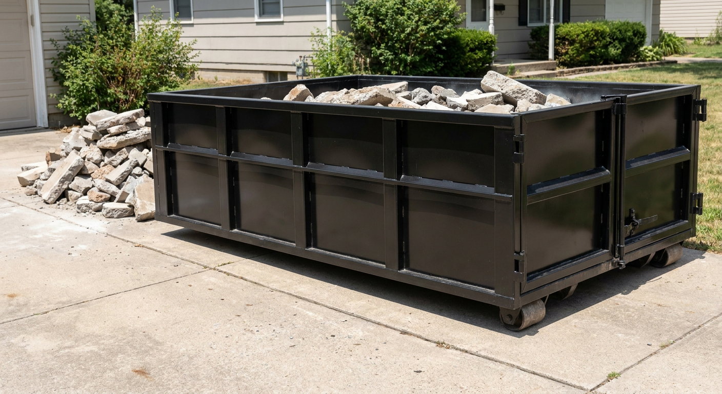 A matte-black low-side heavy-debris roll-off dumpster placed directly on a Terre Haute concrete driveway, with broken concrete chunks neatly stacked beside it under clean daylight.